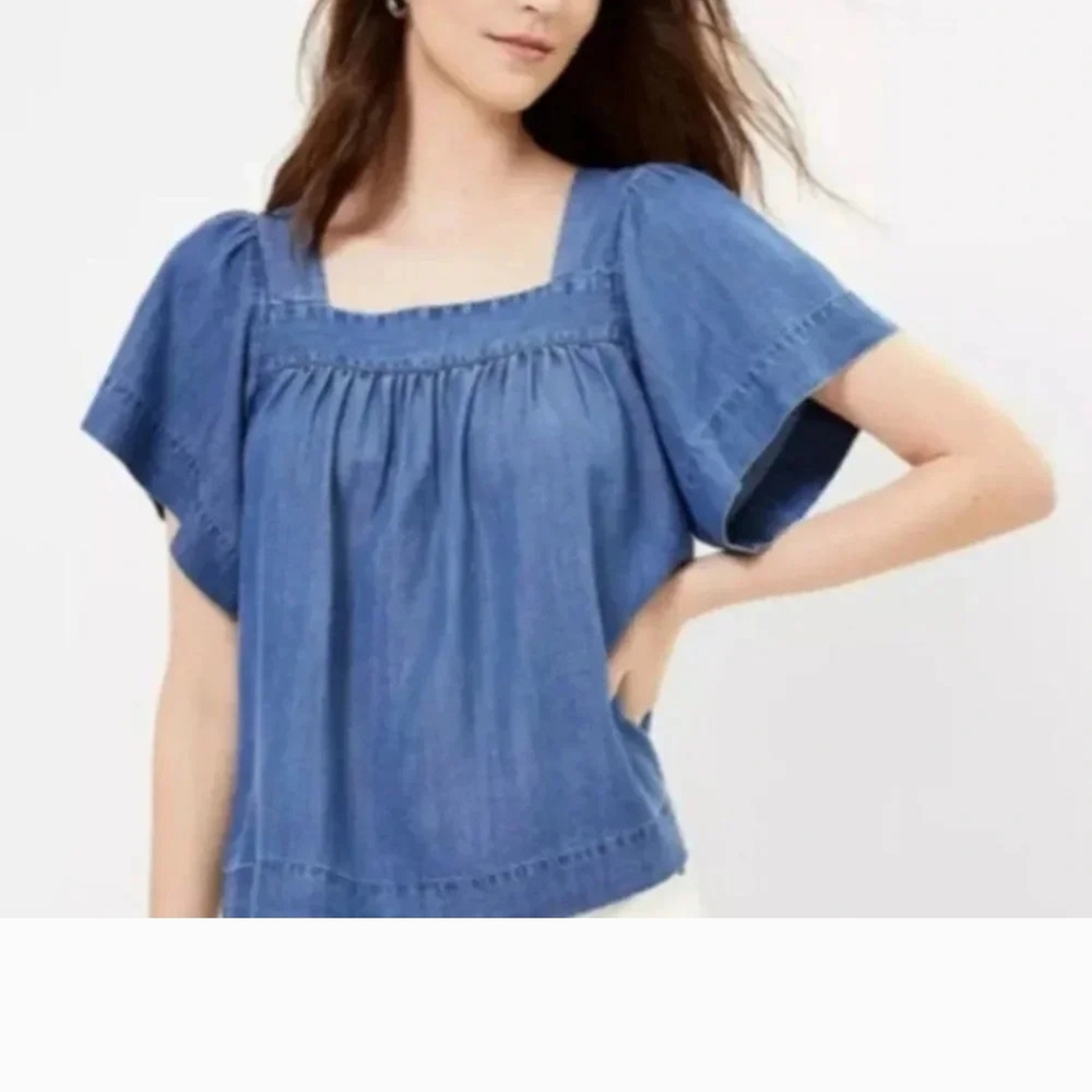 LOFT Blue Flutter Sleeve Denim Blouse